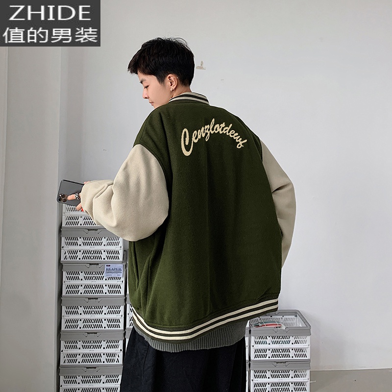 SUNTEK情侣装秋冬美式复古呢料棒球服立领夹克男港风日系飞行员毛呢外套夹克