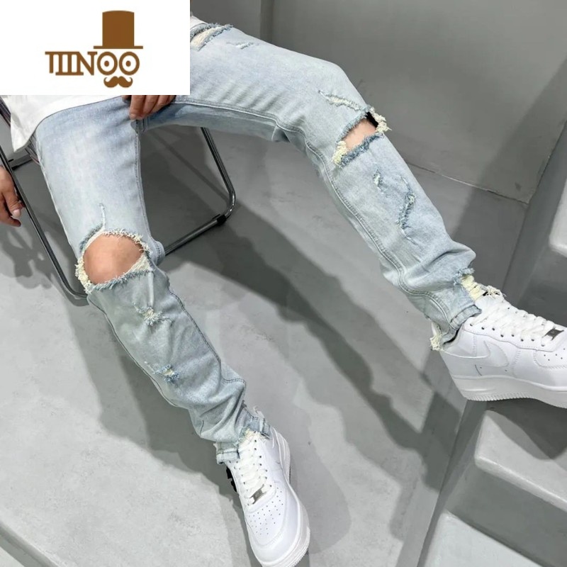 YANXU高端牛仔裤男破洞2022夏季新款韩版修身小脚时尚百搭微弹牛仔长牛高清大图