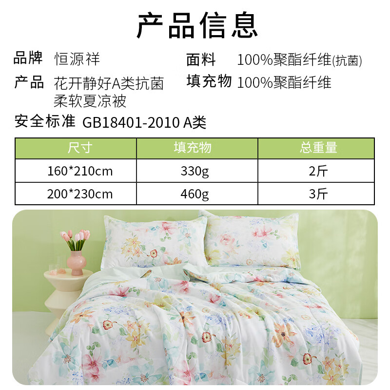恒源祥 花开静好A类抗菌柔软夏凉被 HYX311BZ高清大图