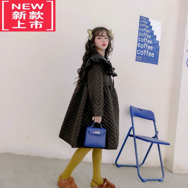 可莉允女童洋气加绒连衣裙2022秋冬新品中大童中长款压棉娃娃领棉服外套图片