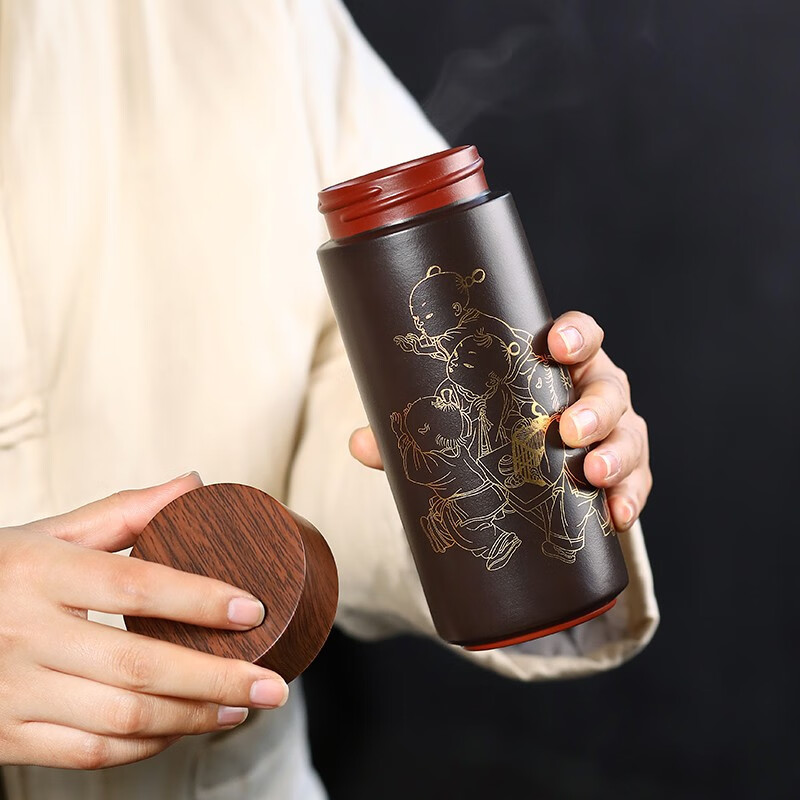金镶玉 纳福紫砂保温杯 宜兴原矿紫砂杯 描金家用办公杯陶瓷茶杯茶具保温杯礼盒装 360ml高清大图