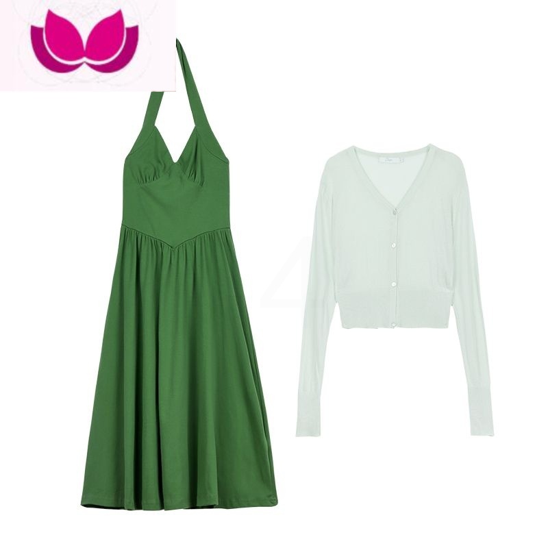 七斓绿色挂脖连衣裙子女夏季辣妹套装2023年新款春装茶歇泰式吊带长裙高清大图