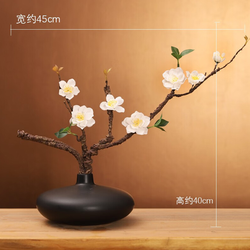 小窝厘 仿真花禅意摆件桌面假花装饰 黑花瓶+白色山茶花套装高清大图