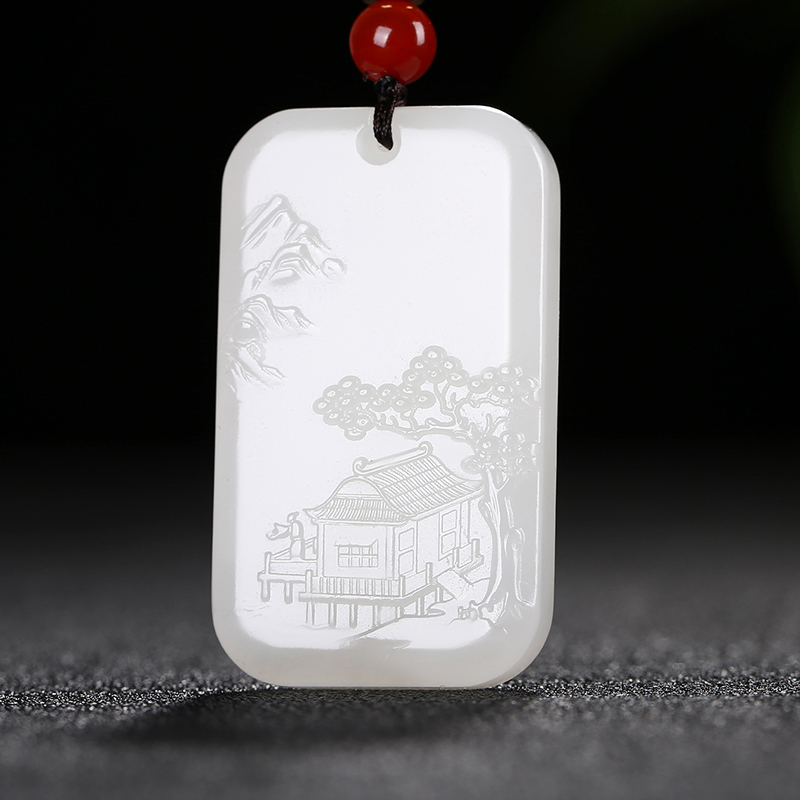 [山河秀色]新疆和田玉吊坠玉坠白玉山水牌子挂件玉佩天然玉石