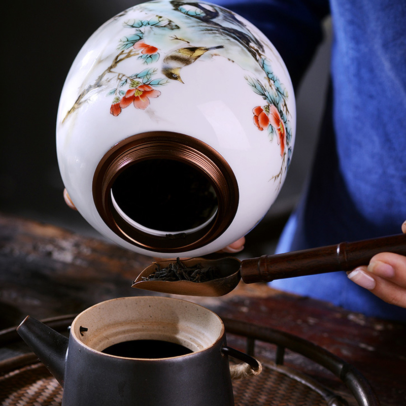 LICHEN 景德镇茶叶罐陶瓷密封储物干坚果罐子中草药防潮防虫带盖罐约半斤装双层金属盖子 报喜鸟