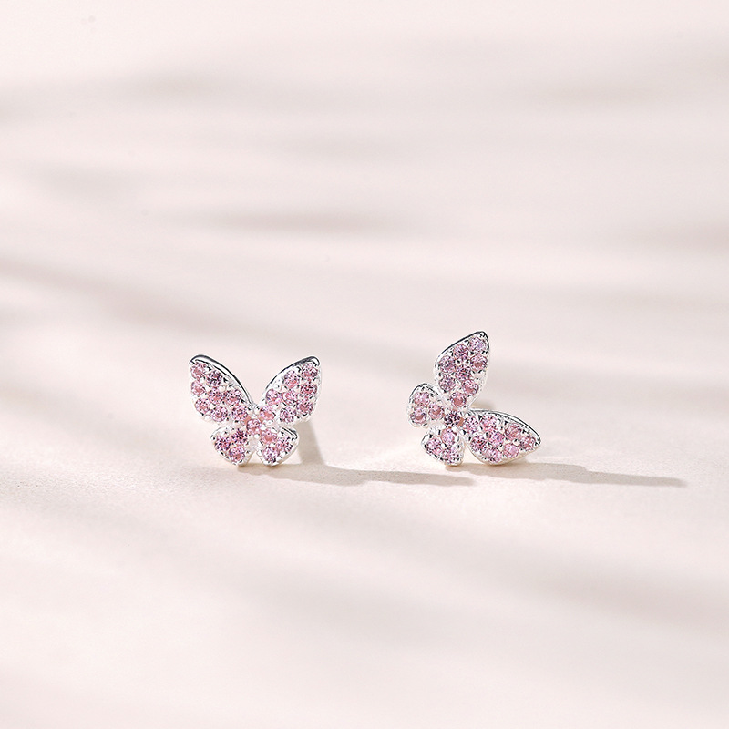 原创蝴蝶粉钻耳钉女纯银个性小巧清新耳环2022新款耳饰品直播货源送女朋友老婆情人节七夕生日礼物