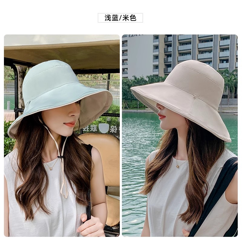 渔夫帽女款新夏季大帽檐防紫外线遮阳帽出游遮脸网红防晒太阳新紫 浅蓝/米色双面可戴