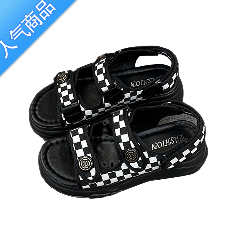 SUNTEK运动凉鞋女夏2023年新款棋盘格软底魔术贴学生网红厚底罗马沙滩鞋高清大图