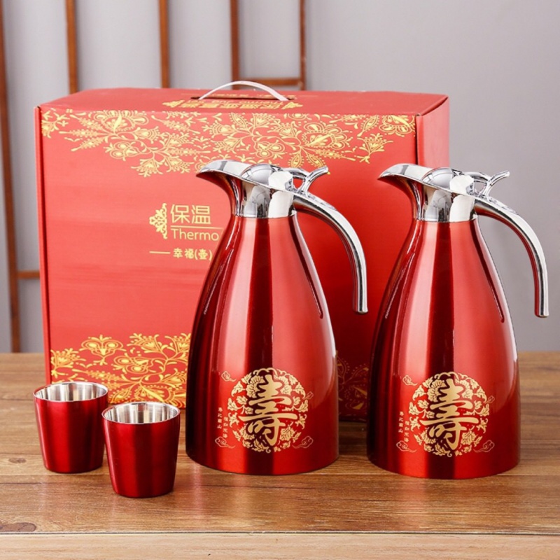 祝寿送礼家用红色双层不锈钢暖壶暖瓶喜气热水壶保温壶保温瓶定制 1对（寿比南山+两杯）201