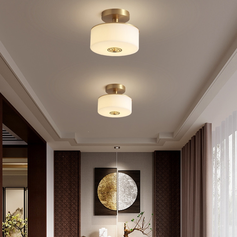 半梅新中式吸顶灯过道阳台灯玄关走廊云石灯简约现代灯饰圆形铜灯具