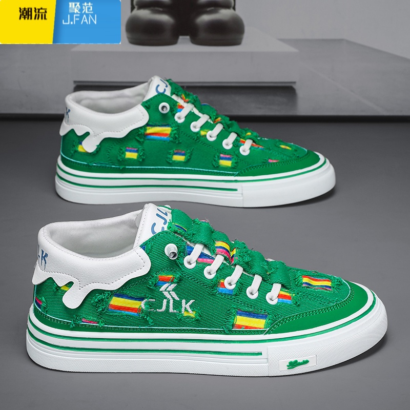 聚范帆布男鞋2024新款夏季透气百搭运动休闲青少年一脚蹬板鞋乞丐破洞 40 绿色
