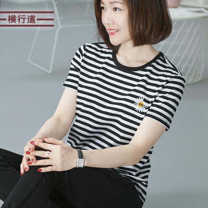 黑白条纹大码短袖t恤女夏装宽松圆领体恤雏菊上衣半袖打底衫 黑白 M