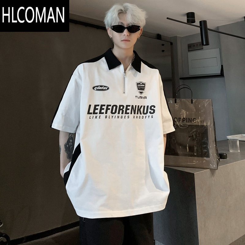 HLCOMANpolo衫短袖t恤男夏季新款美式复古街头宽松拼接撞色翻领半袖体恤