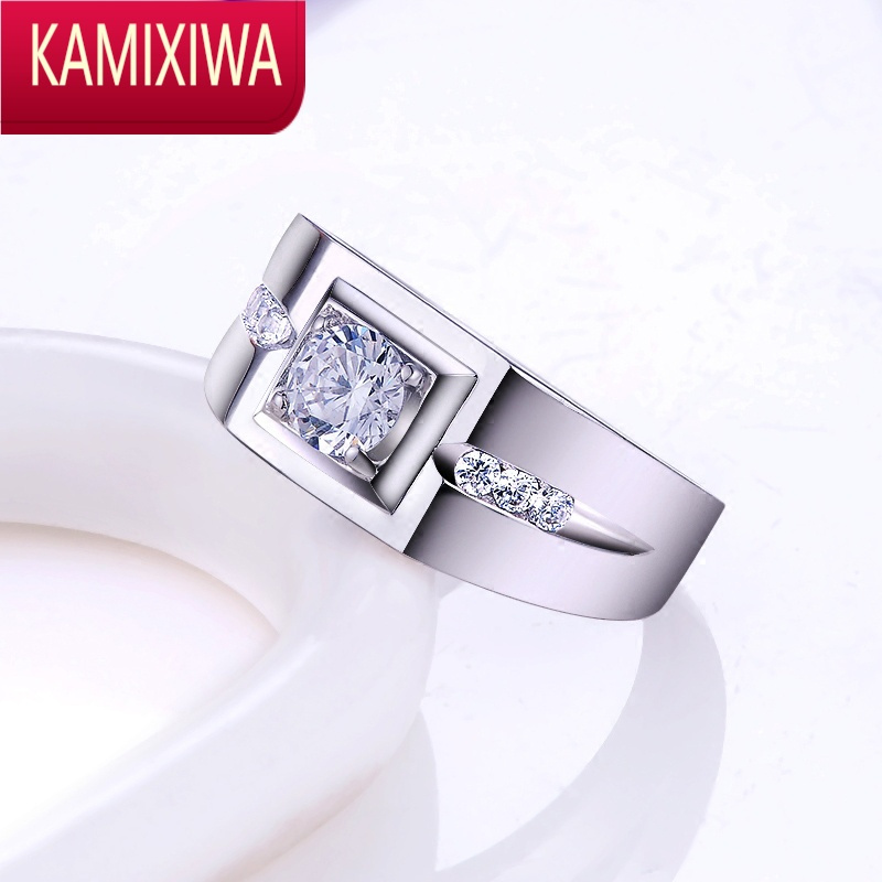 kamixiwa银戒指男士霸气大指环白金色仿钻戒男戒生日礼物婚戒