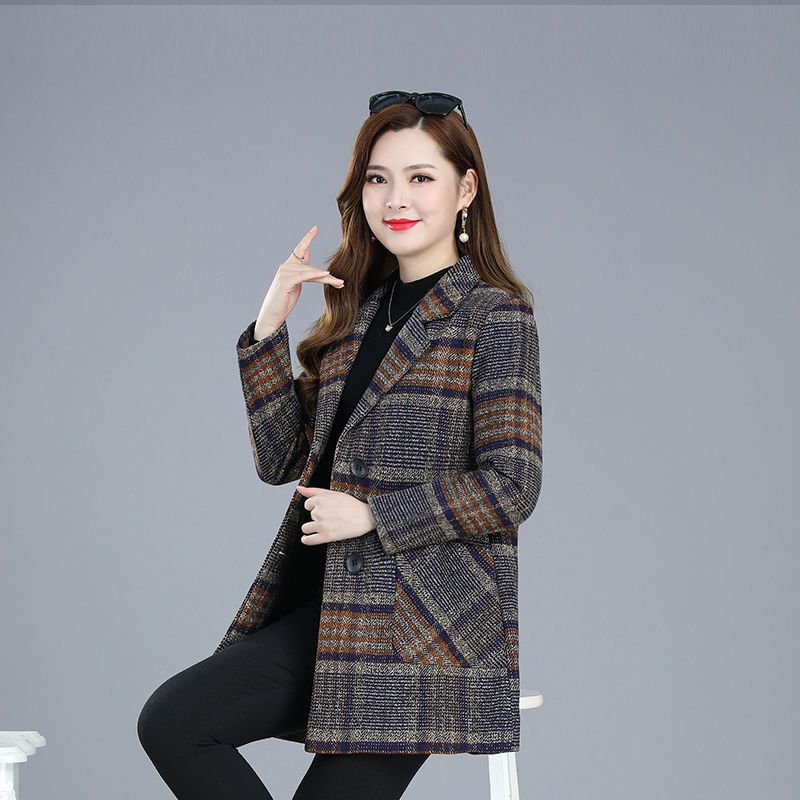 妈妈装秋冬毛呢外套女时尚洋气中老年女士中长款格子加厚呢子大衣