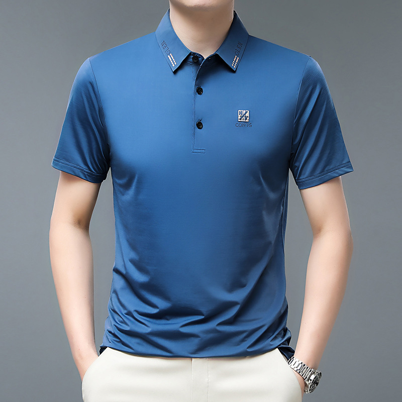 男士t恤纯色短袖翻领polo衫男冰丝速干薄款中年男装夏季打底衫 深蓝色 XL
