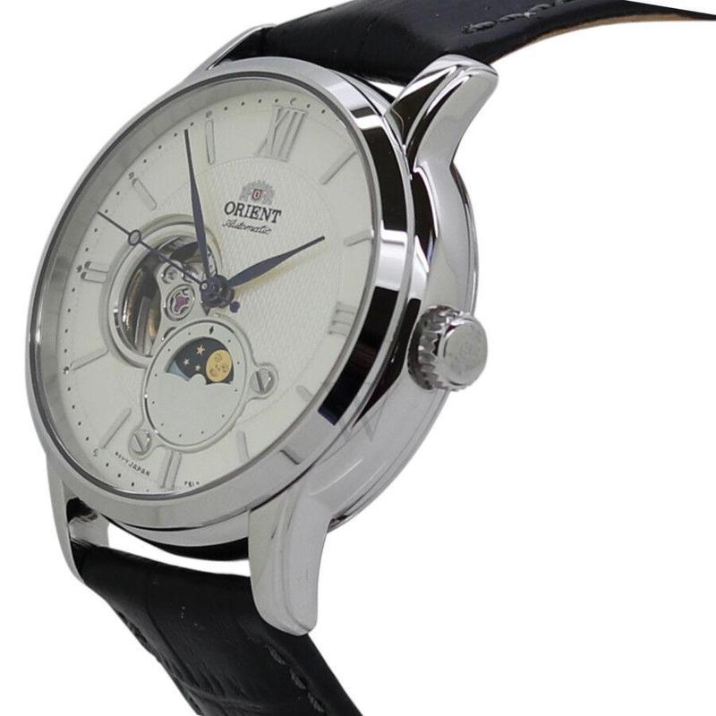 orient东方双狮sunmoon皮革银色敞开心形镂空表盘手表商务蓝宝石耐刮