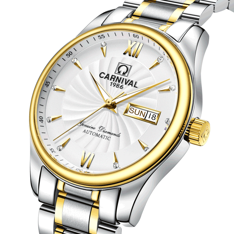瑞士嘉年华Carnival手表男士全自动机械表 男双日历显示防水夜光男表金属精钢腕表休闲时尚大三针旋风系列8670G高清大图