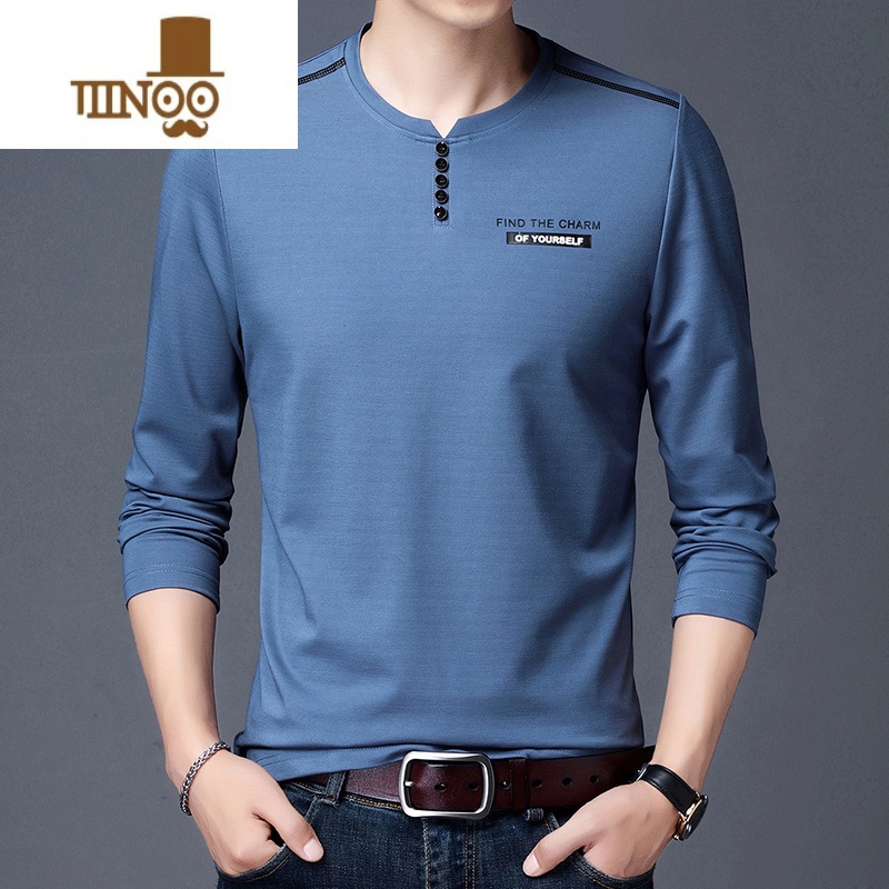 YANXU加肥加大码长袖T恤男士宽松中年丝光棉夏季薄款卫衣圆领纯色速干高清大图