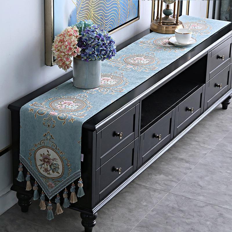 家柏饰(CORATED)欧式长条电视柜桌布茶几装饰布鞋柜布盖巾五斗柜餐边柜餐桌长桌旗 清歌蓝色 32*160cm