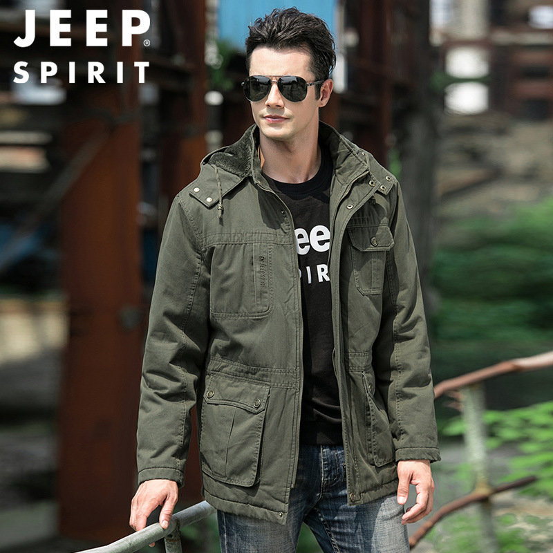 jeepspirit吉普男士冬季连帽保暖棉衣男中长款可脱卸加绒内胆加厚棉服