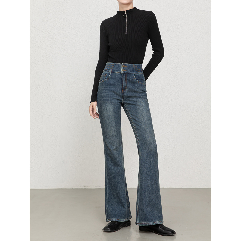 冬加绒加厚复古怀旧喇叭裤高腰刺绣微喇牛仔裤女