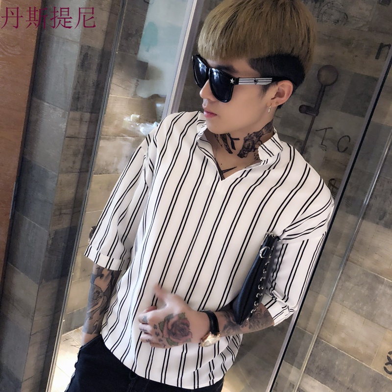 新款条纹短袖衬衫男士五分袖韩版修身夏季中袖衬衣套头立领寸衫潮