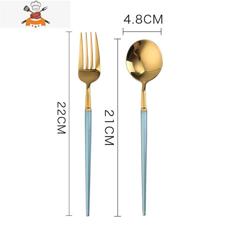 北欧304不锈钢刀叉套装 牛扒意面刀叉勺 西餐餐具三件套叉勺套装 绿金镜面2件套(叉+勺) 敬平