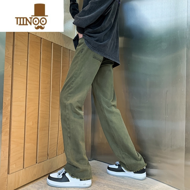 YANXUvintage绿色裤子男高街vibe美式伐木工装裤修身水洗毛边直筒长裤