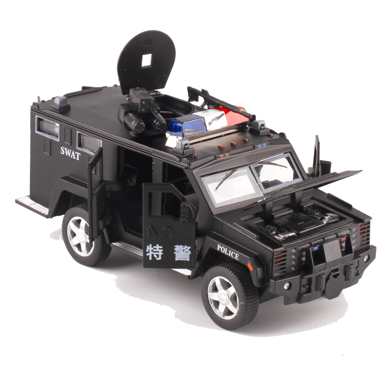盒装1:32警车防暴车6轮加长悍马语音声光回力玩具
