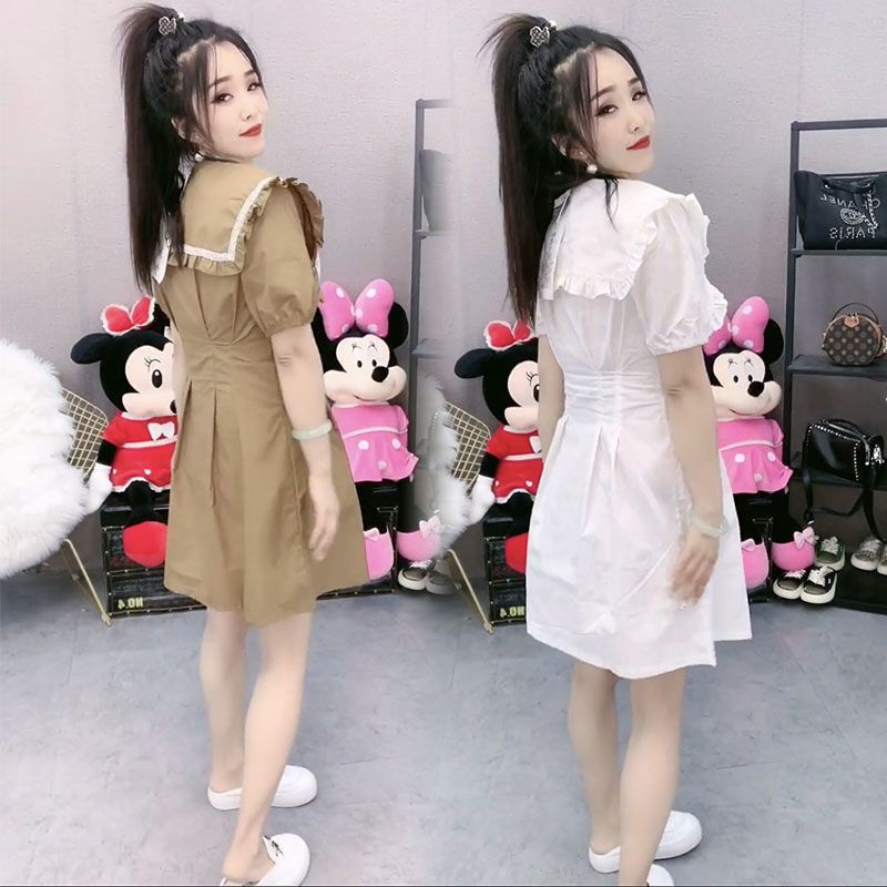 2021年夏季净色甜美木耳边娃娃领连衣裙女显瘦收腰百搭中长款裙子 黑色 XXS (适合20-30斤)