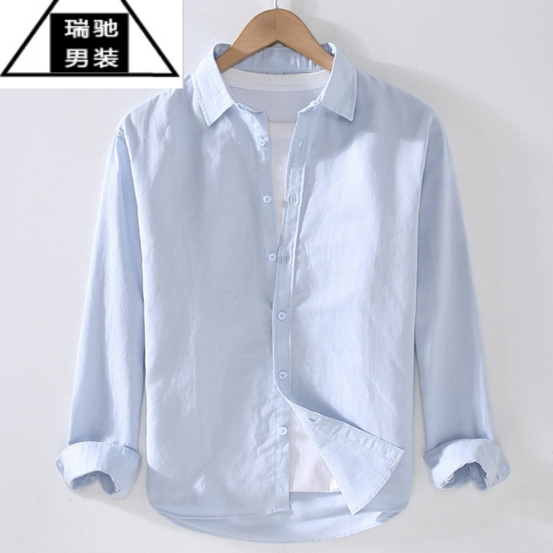 希杰狮王男士休闲亚麻长袖衬衫男韩版修身棉麻夏季商务衬衣薄款防晒