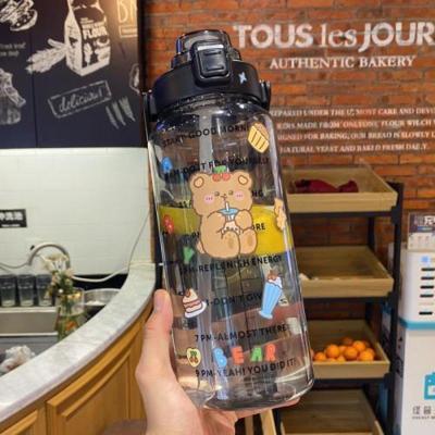 黑色2000ml 送杯刷+大贴纸 大容量水杯 2000ml带吸管夏天便携塑料杯女可爱塑料杯有盖吸管杯