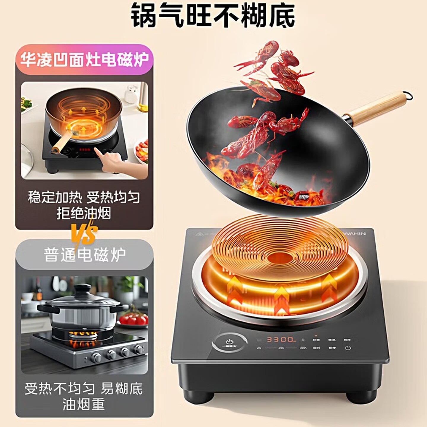 美的(Midea)电磁炉家用大功率电磁炉炒菜锅一体全套火锅汤锅明火加热 华凌凹灶[3300W大火力]WH-A3301高清大图