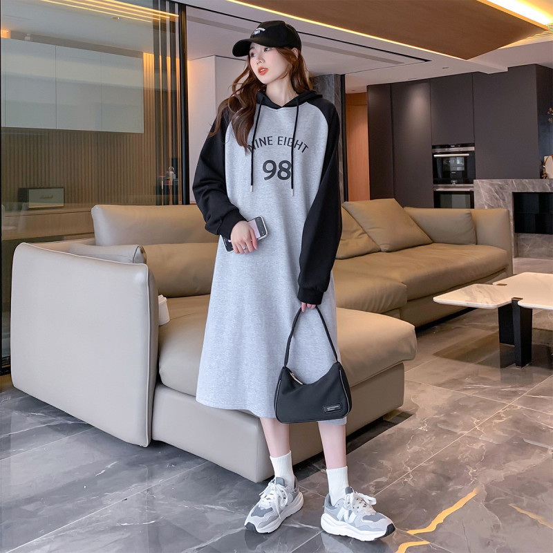 [1.5折价93元]唐狮春季连衣裙女韩版小众连帽拼接长袖连衣裙休闲运动风