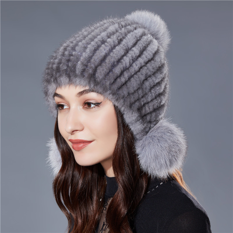 18款式新款水貂帽子女编织皮草帽狐狸毛球冬天保暖护耳帽貂毛帽加厚