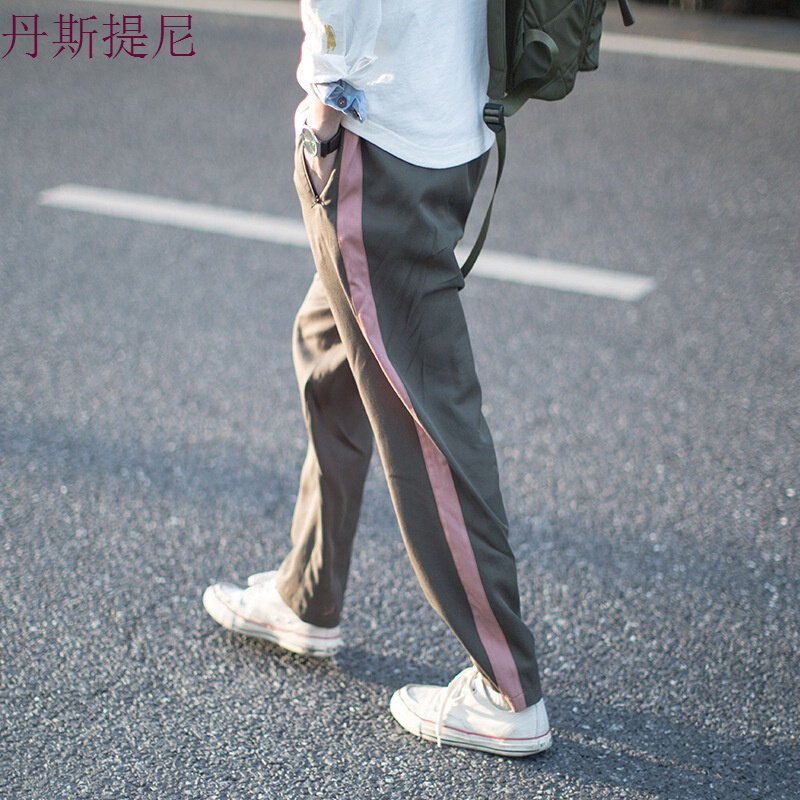 |红绿拼接男士春季休闲裤薄款青年小脚直筒长裤日系潮男裤