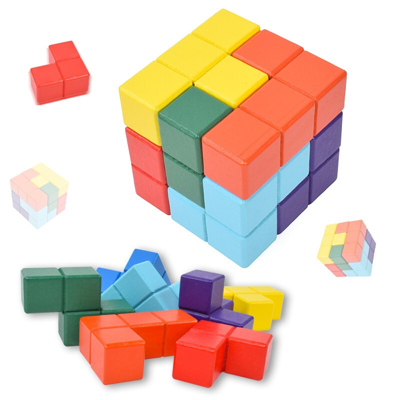 儿童传统木头拼图索玛立方体俄罗斯方块小积木幼儿园早教玩具马卡龙色