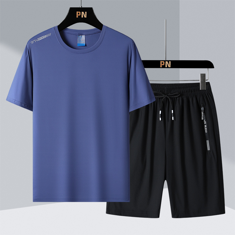 啄木鸟速干冰丝运动套装男短袖T恤夏季新款大码男装休闲裤两件套 2207深兰 3XL