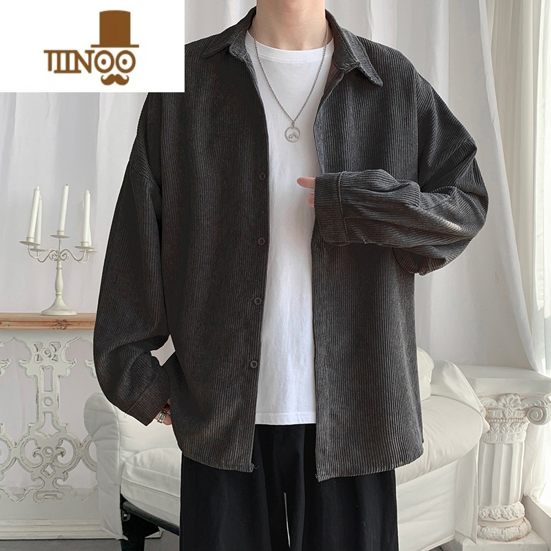 YANXU秋季潮牌长袖衬衫男设计感小众灯芯绒宽松寸衫韩版港风in潮绒AX高清大图