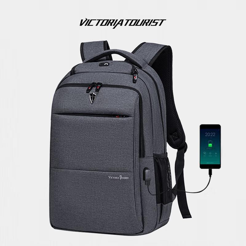 维多利亚旅行者大容量USB充电口双肩包笔记本电脑包背包906灰 17.3英寸 黑色