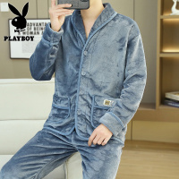 花花公子新款法兰绒冬季家居服睡衣男加绒加厚保暖两件套