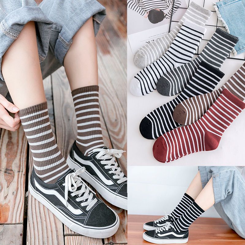 35双中筒袜女ins潮学生长袜韩版简约百搭学院风条纹袜春夏长筒袜
