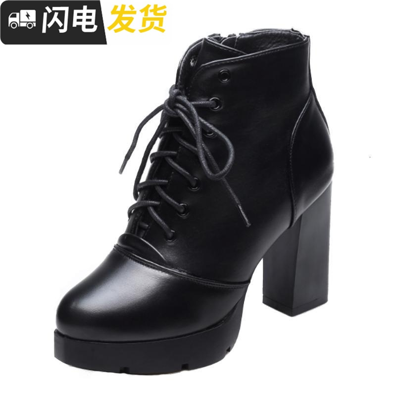 防台高跟短靴女粗跟2022秋冬新款厚底马丁靴黑色加绒系带方头鞋启如女士高帮鞋