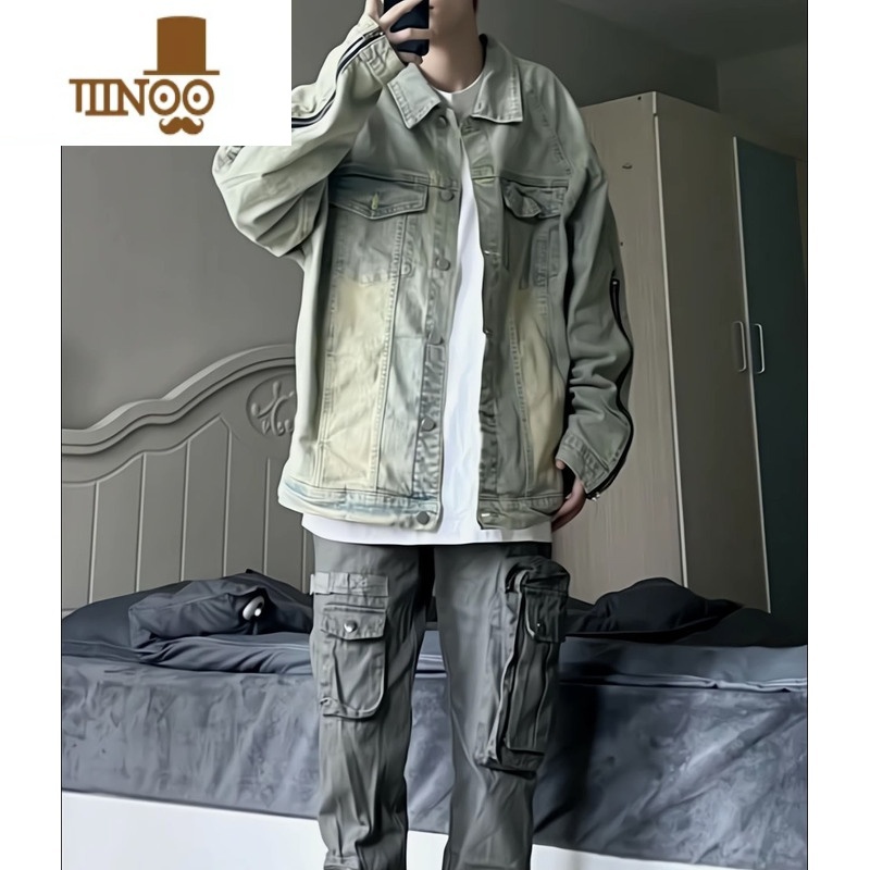 YANXU美式复古牛仔外套情侣潮牌工装黄泥水洗做旧高街港风国潮拉链夹做高清大图