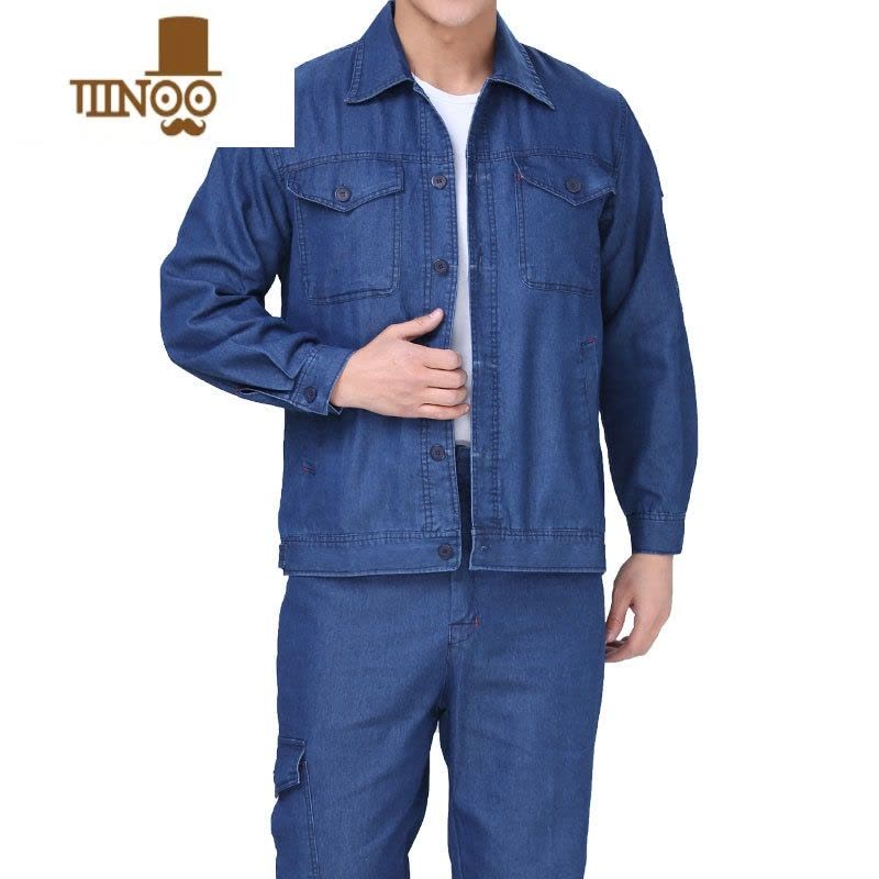 YANXU夏季电焊牛仔工作服套装男机修焊工多口袋长袖劳保服上衣薄款工服图片
