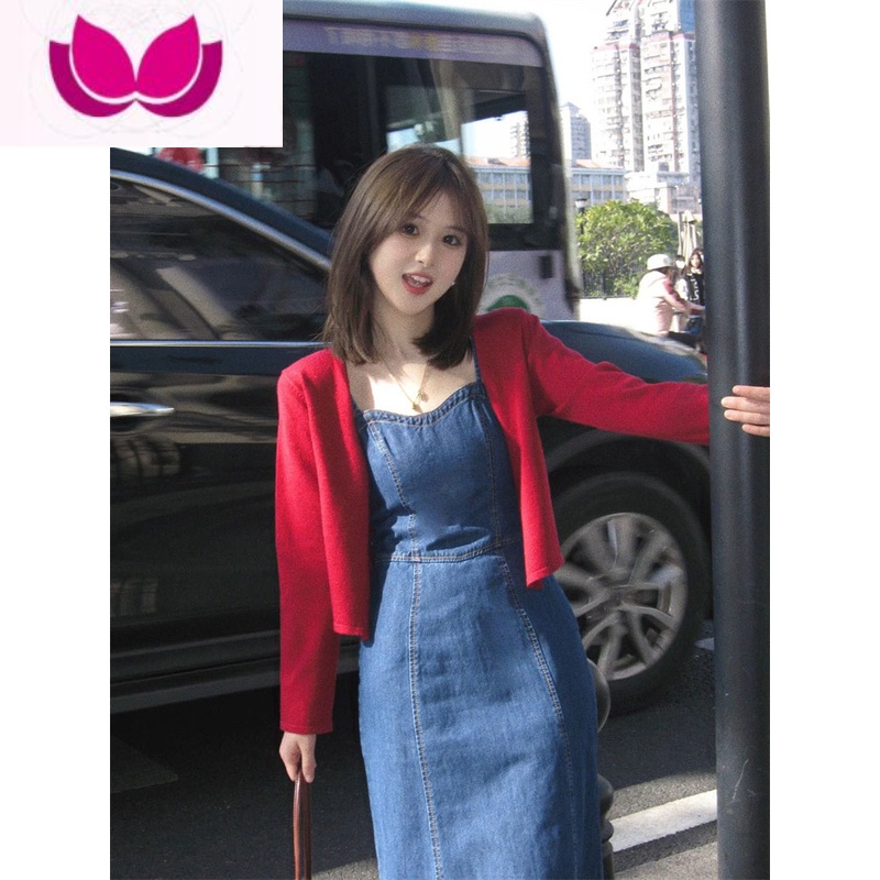 七斓春装女2023年新款茶歇法式小香风套装蓝色牛仔吊带连衣裙套装 红色上衣+深蓝色牛仔裙 XL