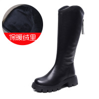 头层牛皮高筒靴厚底女靴圆头中跟骑士靴冬款长靴时尚休闲纯皮粗跟 黑色绒里 35