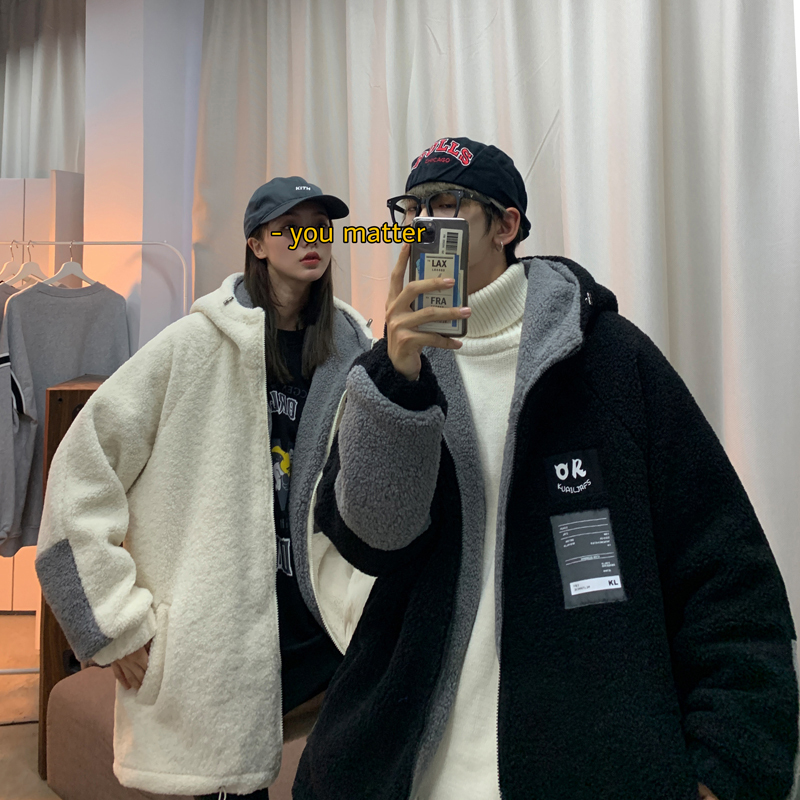 YUANSU羊羔绒棉衣男宽松韩版潮流大码连帽外套港风情侣拼接休闲冬季棉服棉衣