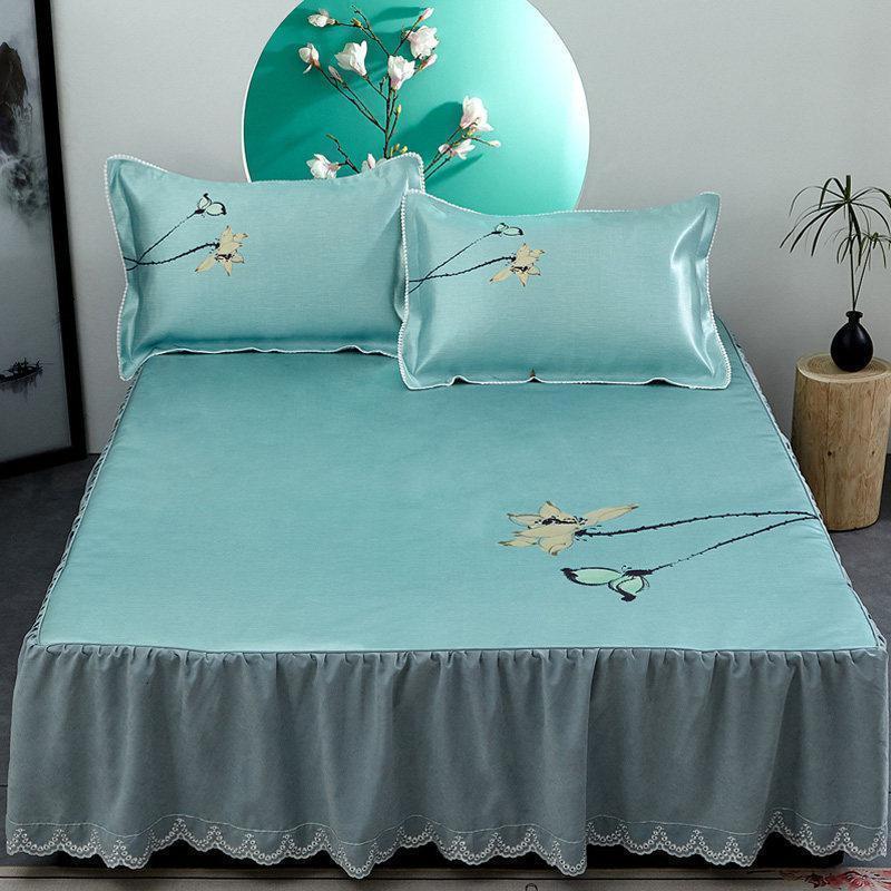 美帮汇冰丝凉席三件套床裙款1.5米床双人软席子可折叠单人空调席夏天 凉感床裙款凉席三件套-寻香 1.8m（6英尺）床